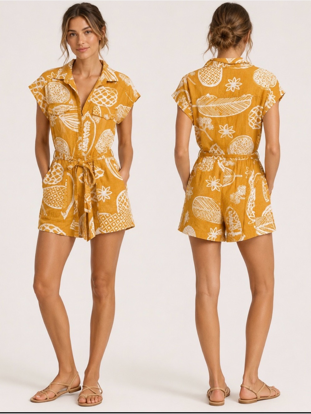 NWT Petal + Pup XS Mustard White Print Belted Romper Playsuit